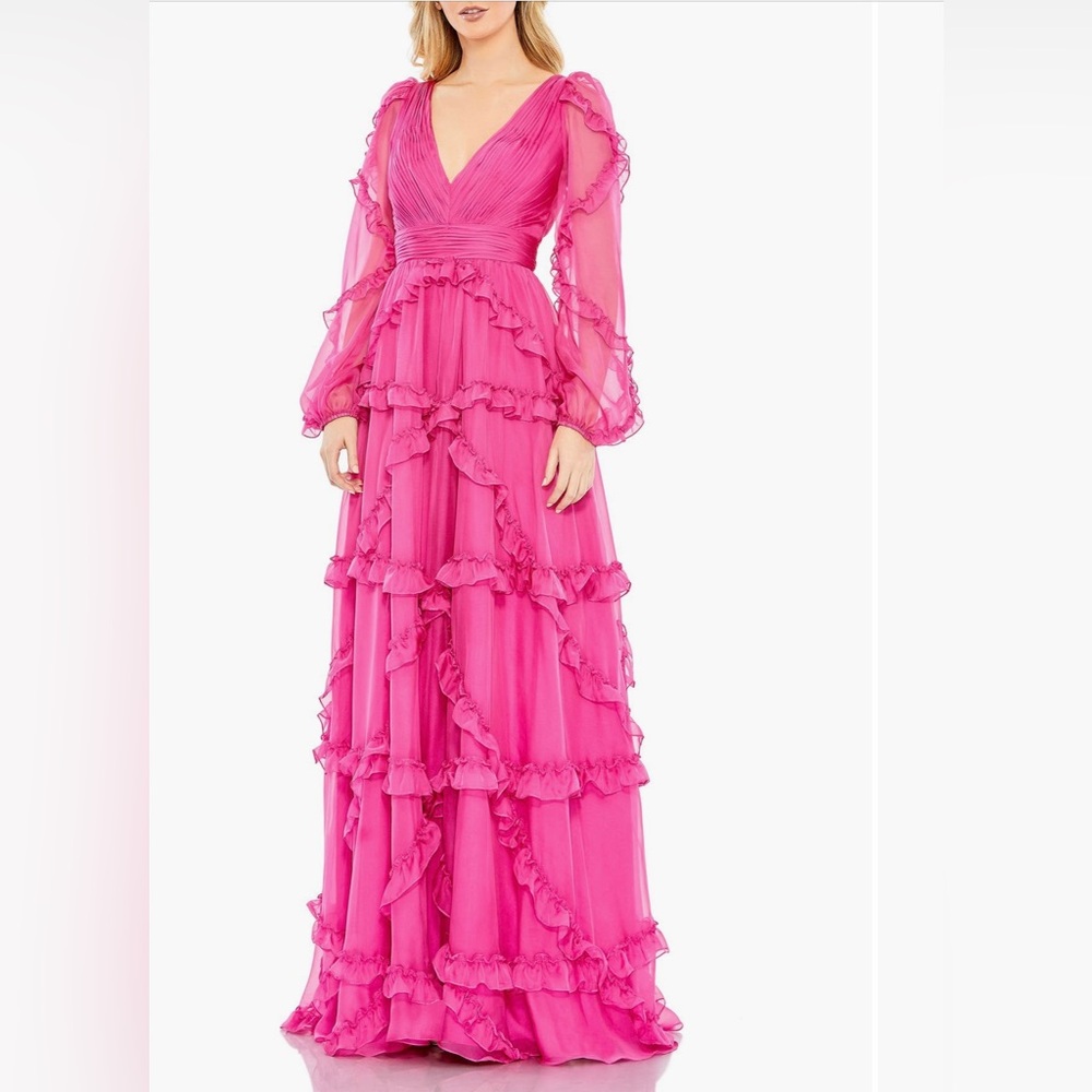 Mac Duggal Cascade Ruffle Puff Sleeve A-line Dress